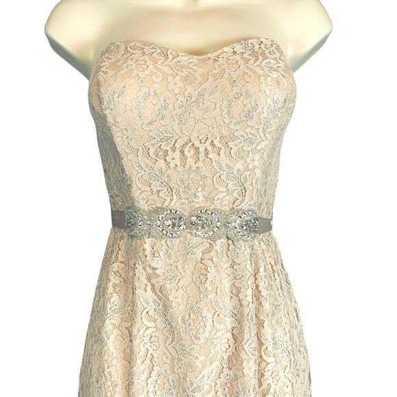 Betsy & Adam Shimmering Lace Gown Strapless Maxi Dress Light Peach Belted Size 4 - Picture 3 of 8